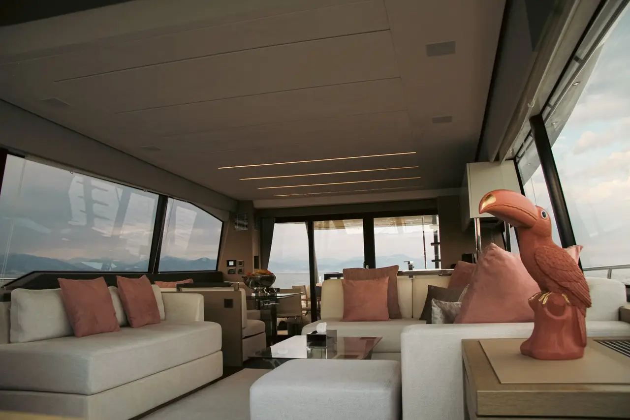 Prestige 680, salon — Sardinia Yacht Hire, Sardinia. Four private cabins for slower Sardinian mornings