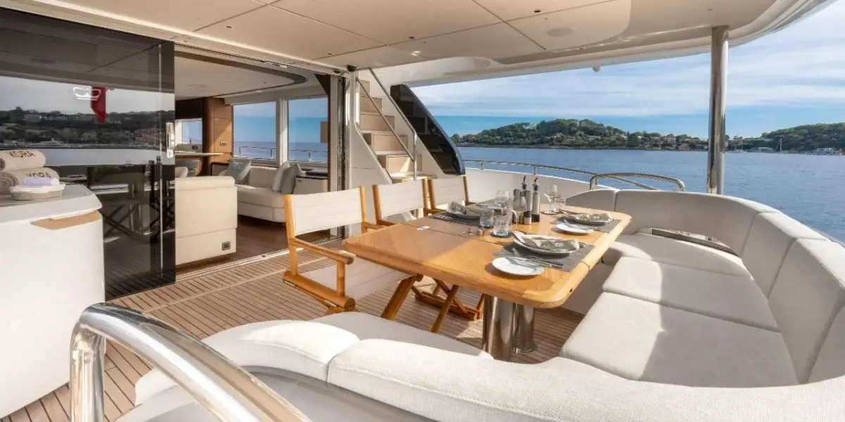 Princess Y80, aft deck — Sardinia Yacht Hire, Sardinia. Five cabins and calm coastal range for longer trips