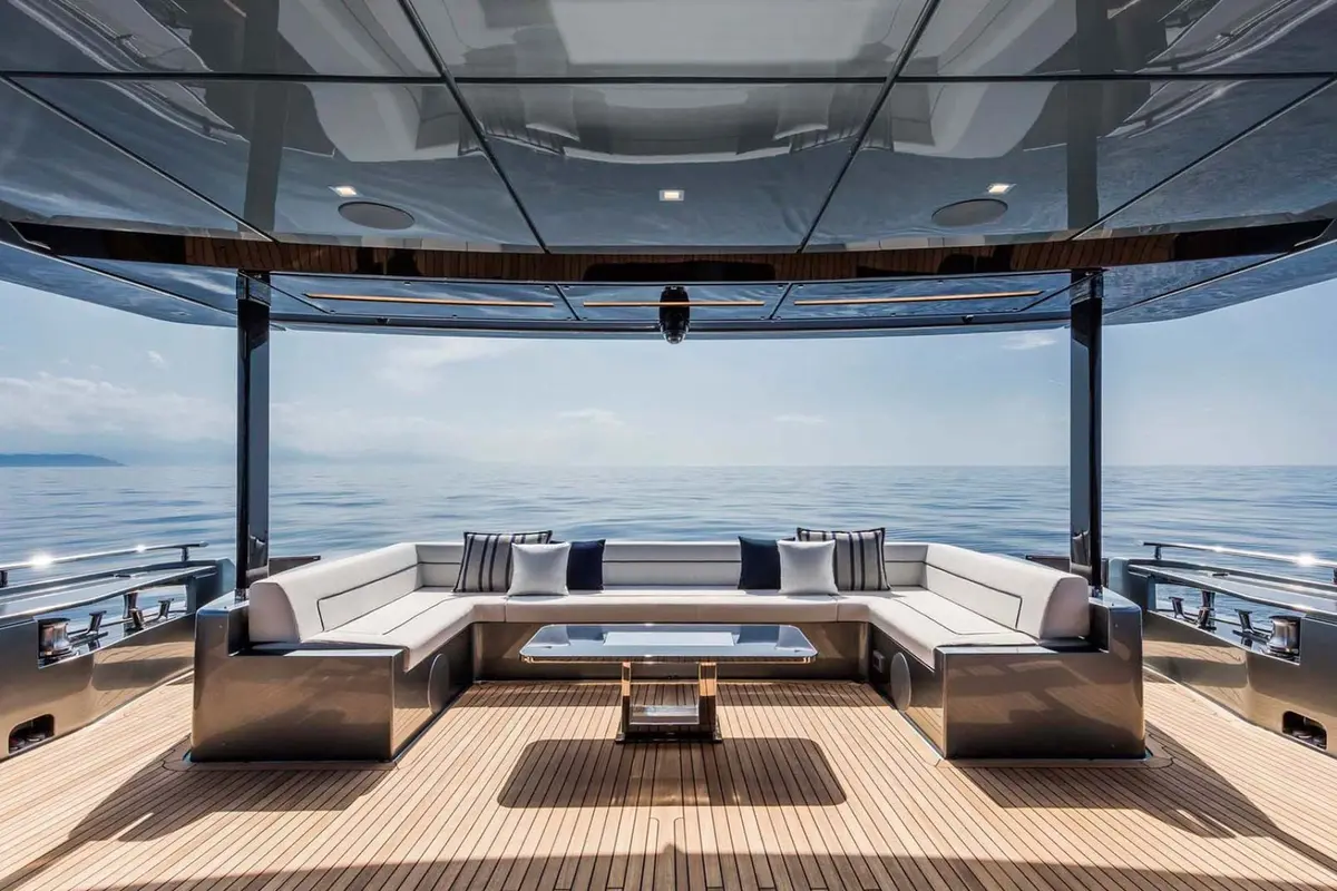 Riva 110, aft deck — Sardinia Yacht Hire, Sardinia. Five cabins for slow mornings along Costa Smeralda