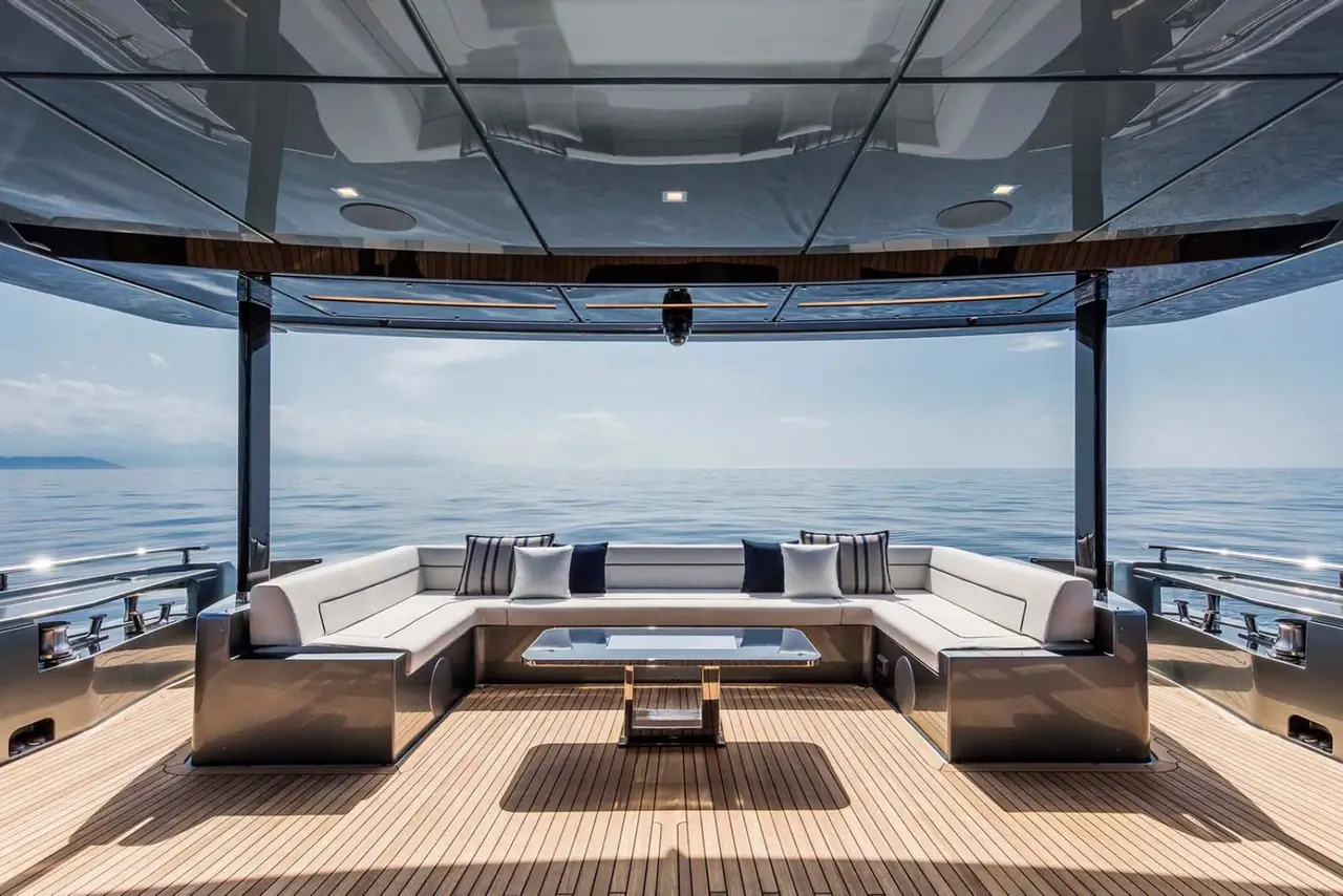 Riva 110, aft deck — Sardinia Yacht Hire, Sardinia. Five cabins for slow mornings along Costa Smeralda