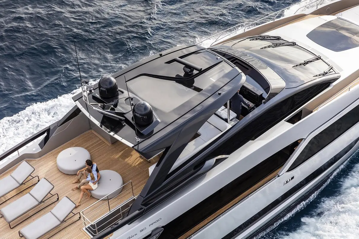 Riva 90, main deck — Sardinia Yacht Hire, Sardinia. Five cabins built for slow coastal cruising