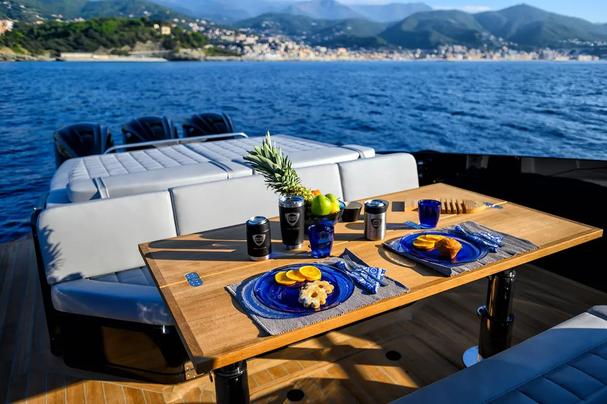Sacs 47, aft deck — Sardinia Yacht Hire, Sardinia. Fast, open-deck runs into the Maddalena's coves
